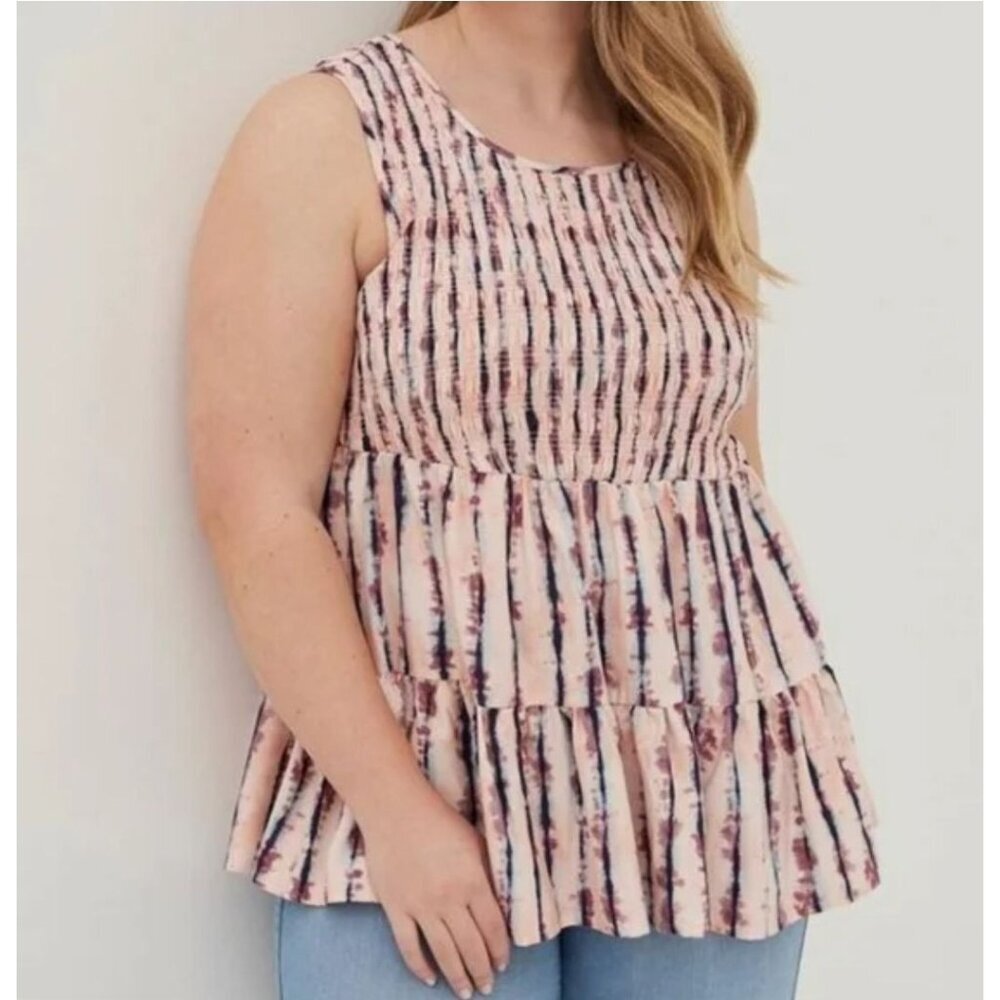 Torrid Tunic Top Size 2X Tiers‎ Shirred Peach Purple Keyhole Sleeveless Festival